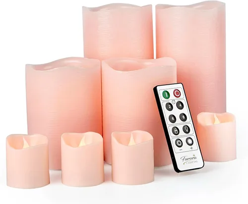 FURORA LIGHTING Velas sin llama de cera real rosa con control remoto y temporizador, 4 pilares y 4 votivas, paquete de 8, velas LED parpadeantes