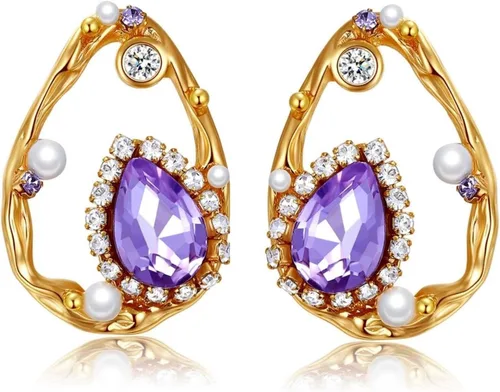 Pendientes morados para mujer, aretes morados y dorados para mujer con circonita de amatista en forma de lágrima, perlas y pavés de cristal, aretes