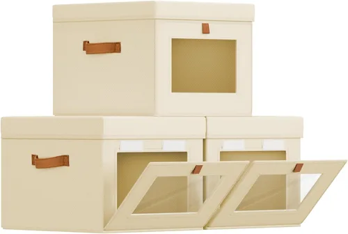 Homsorout Contenedores de almacenamiento con tapa, organizador de armario con apertura lateral y ventana transparente, cesta plegable de tela Beige