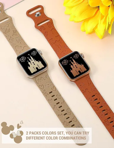Miniatura 4 de 2 paquetes de correas grabadas con dibujos animados compatibles con Apple Watch de 38/40/41/42/44/45/46/49 mm, correa de silicona suave y linda