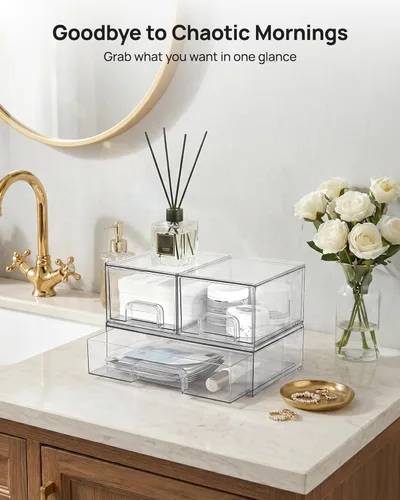 Miniatura 3 de Vtopmart Juego de 3 cajones de almacenamiento apilables, organizadores de plástico transparente para maquillaje, cosméticos, suministros de belleza