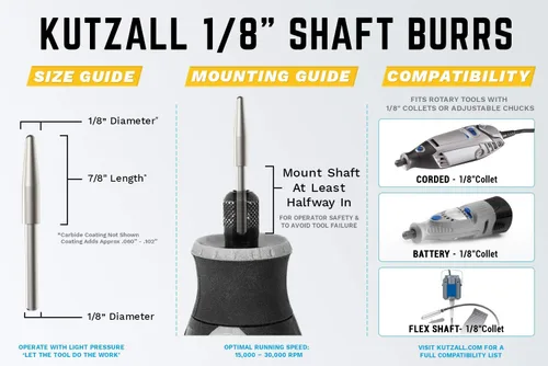 Miniatura 3 de Kutzall Fresa Rotary Cónica Original, Eje de 1⁄8", Fina - Broca de Tallado de Madera para Dremel, Foredom, DeWalt, Milwaukee. Carburo de Tungsteno