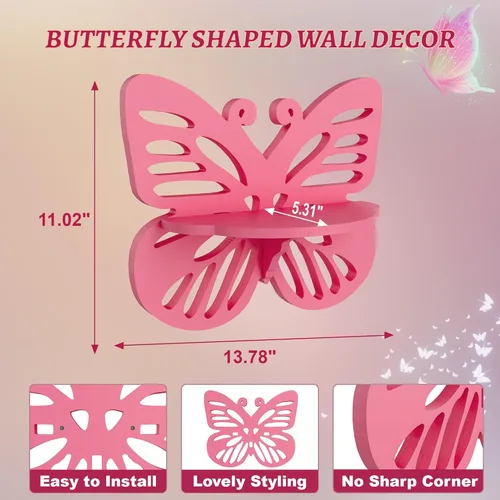 Miniatura 3 de Estante flotante en forma de mariposa rosa para habitación de niña, bonito estante de pared para decoración de guardería, pequeño estante decorativo