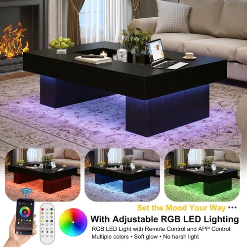 Miniatura 6 de LVB - Mesa de café negra, mesa de sala moderna de madera con LED y almacenamiento, mesa central única de gran tamaño y forma rectangular con luz