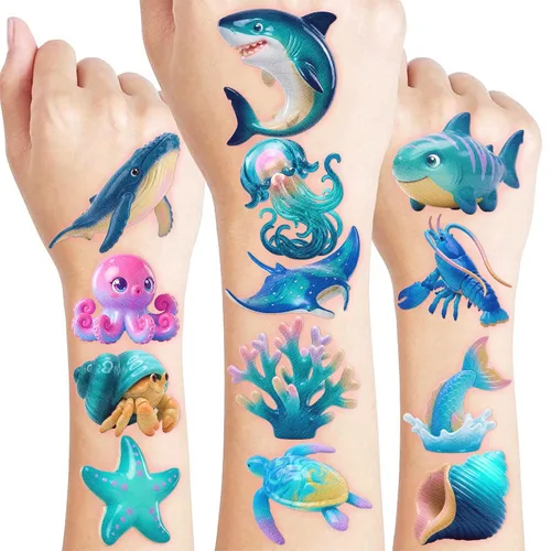 Miniatura 9 de 96 piezas de tatuajes temporales luminosos que brillan en la oscuridad, animales marinos del océano precortados para niños, suministros