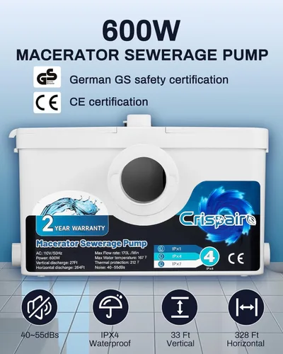 Miniatura 2 de Bomba de alcantarillado macerador de 600 W - 33 pies/328 pies, flujo de 170 L/minuto para inodoro de sótano, fregadero, ducha, cocina, lavandería, 4