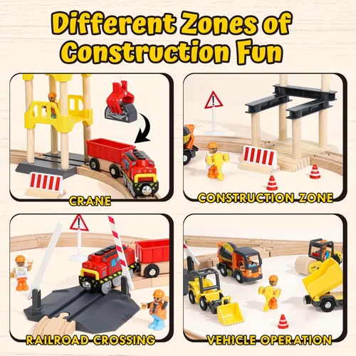 Miniatura 6 de Lehoo Castle Juego de tren de madera, juguetes de construcción para niños de 2 a 4 años, pista de tren de madera para niños con grúa, juguetes