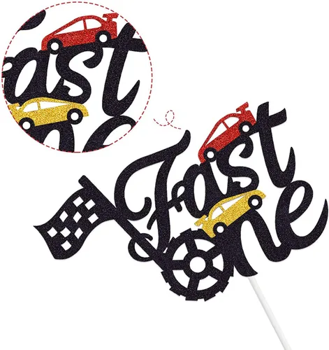 Miniatura 6 de Fast One - Decoración para pastel de primer cumpleaños, decoración de pastel de carreras con purpurina y temática de bandera a cuadros, suministros