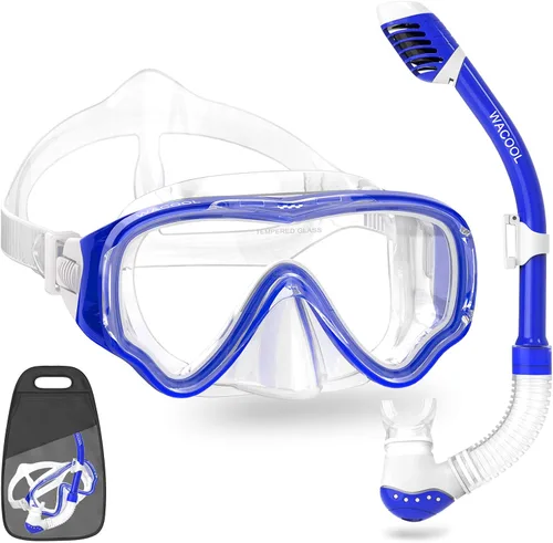 WACOOL Snorkel, buceo, buceo, paquete de equipo para niños y jóvenes, vidrio recubierto antivaho con válvula de purga de silicona y antisalpicaduras