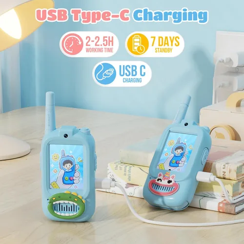 Miniatura 3 de Walkie Talkies de video para niños, paquete de 2 walkie talkies para niños con bonita cubierta de silicona, cambiador de voz, rango de 1000 pies