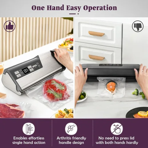 Miniatura 3 de Mesliese Máquina selladora al vacío, potente 95kPa 140W sellador de alimentos con una sola mano, tira de doble sellado con cortador integrado