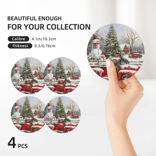 Miniatura 3 de Juego de 4 posavasos de cerámica absorbentes de nieve con diseño de cardenal de Navidad para el invierno, juego de 4 posavasos redondos para mesa