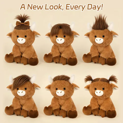 Miniatura 4 de Highland Cow - Animal de peluche esponjoso de 8 pulgadas con pelo elegante, juguete suave de peluche Kawaii abrazable de vaca para niños, niños