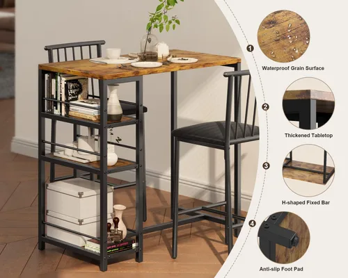 Miniatura 3 de Gizoon Juego de mesa de comedor para 2 personas con 3 estantes de almacenamiento, mesa de cocina y sillas para 2 personas con cojín de poliuretano