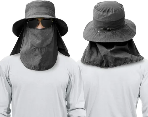 Miniatura 2 de Sombrero de pesca de ala ancha para hombre, 2 piezas, protección solar UPF 50+, extraíble, solapa para cara y cuello