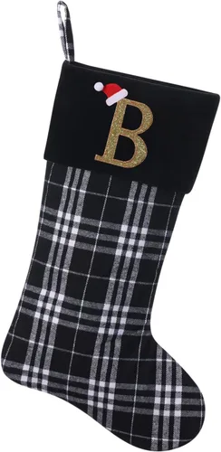 Calcetines de Navidad personalizados con monograma inicial, adornos colgantes, medias clásicas de cuadros negros de 19 pulgadas, decoraciones de