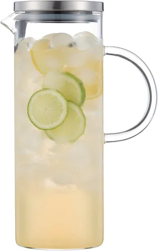 Karafu Jarra de vidrio con asa y tapa, jarra de agua hecha a mano de 50 onzas para agua fría/caliente, té de limón helado y bebidas de jugo