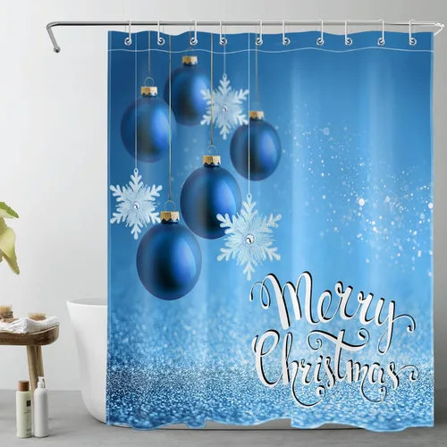 LB Cortina de ducha de Feliz Navidad para baño, bola de Navidad azul marino y cortina de ducha de tela de copo de nieve blanco con ganchos, juego de