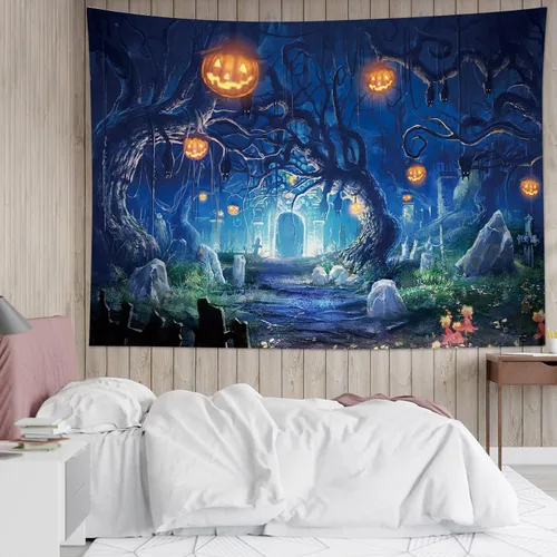 Miniatura 3 de HVEST Tapiz de noche de Halloween, tapiz para colgar en la pared, bosque embrujado con tumba y calabazas, manta de pared para dormitorio, sala