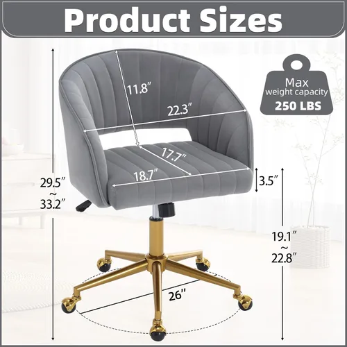 Miniatura 2 de ABET Silla de escritorio con ruedas, silla de terciopelo para oficina en casa, sillón giratorio con base dorada, sillas decorativas modernas Gris