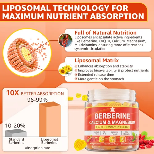 Miniatura 3 de LILICARE Gomitas de suplemento de berberina sin azúcar, absorción extra con berberina liposomal y berberina HCI, calcio, magnesio, activador AMPK