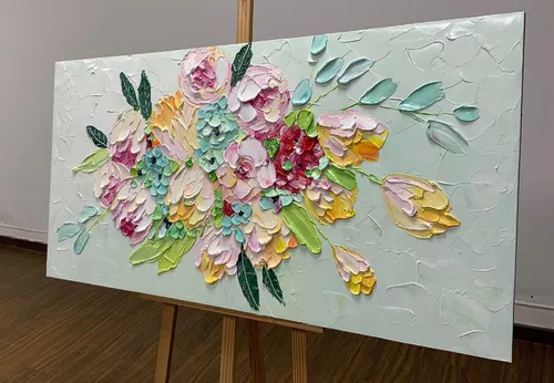 Miniatura 3 de AZAVY Arte, 24 x 48 pulgadas, moderno ramo de flores texturizadas pintadas a mano, arte de pared, pinturas al óleo florales sobre lienzo, naturaleza