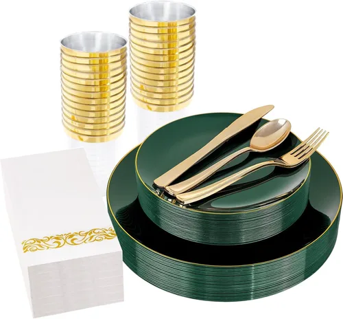Miniatura 21 de YOUBET 125 piezas de platos de plástico negros y dorados - Platos desechables negros con borde dorado - Incluye 25 platos de cena, 25 platos