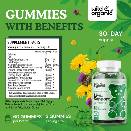 Miniatura 3 de Wild & Organic Gomitas de apoyo hepático, cardo mariano, extracto de raíz de diente de león para desintoxicación de limpieza del hígado, 60 gomitas