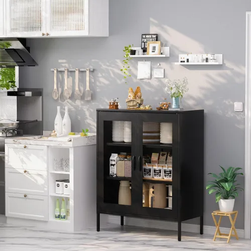 Miniatura 2 de COFaR Armario de almacenamiento de metal con puertas de malla, armario de metal negro con estantes, soporte corto de TV para barra de café, aparador