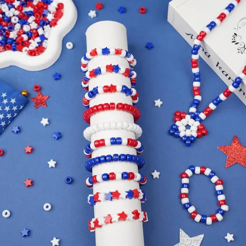Miniatura 4 de 2400Pcs Red White and Blue Pony Beads (6x9mm), Plastic Independence Day Star Beads for DIY Crafts Making, 4th of July Large Hole Pony Beads Bulk