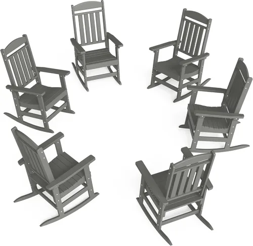 Miniatura 26 de FOOWIN Juego de sillas mecedoras de patio de 2 piezas, mecedora de porche con respaldo alto de HDPE, mecedora de porche de madera de polietileno