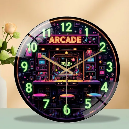 Miniatura 8 de 12-Inch Silent Tempered Glass Wall Clock, Retro Mini Arcade Clock Neon Art(1) ” Silent Non-Ticking Clock, Battery Operated
