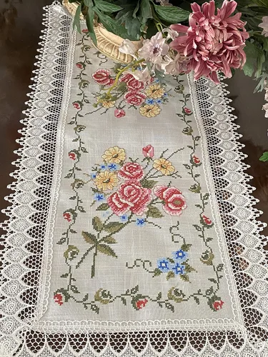Miniatura 3 de AMT Gorgeous Venice - Manteles de lino bordados con punto de cruz y encaje floral de Venecia: blanco (blanco, 12x18 Ob.)