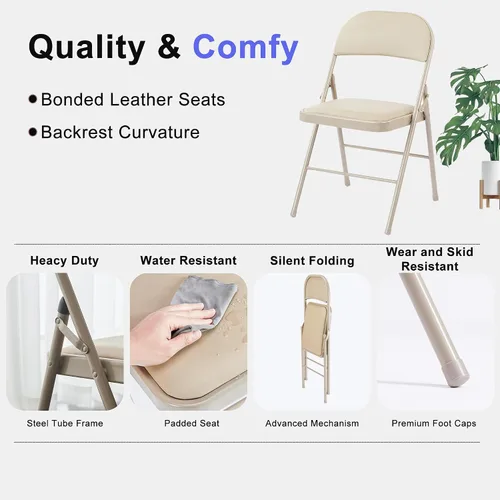 Miniatura 5 de Paquete de 2 sillas plegables, sillas comerciales apilables portátiles, silla de cuero acolchada para interiores y exteriores con marco de metal