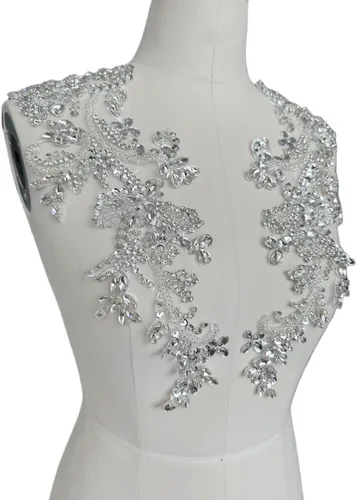 Miniatura 4 de Parches de apliques de encaje brillantes hechos a mano con cuentas de costura, lentejuelas y accesorios para vestido de novia, un par/bolsa Plata