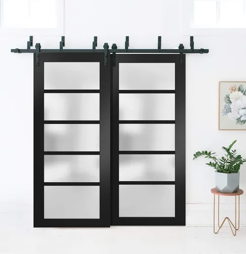 Miniatura 3 de SARTODOORS Panel de puerta de granero de losa de vidrio esmerilado de 42 x 80 pulgadas Quadro 4002 negro mate Puertas con acabado resistente
