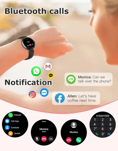 Miniatura 3 de Rastreador de Fitness, Relojes redondos de fitness para mujeres con Bluetooth, llamada, monitor de frecuencia cardíaca, rastreador de sueño, Negro