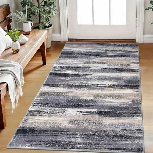 Miniatura 59 de Lansny Alfombra moderna abstracta de 2 x 5 pies, color negro, gris, blanco, lavable, alfombra de entrada para cocina, alfombra antideslizante suave