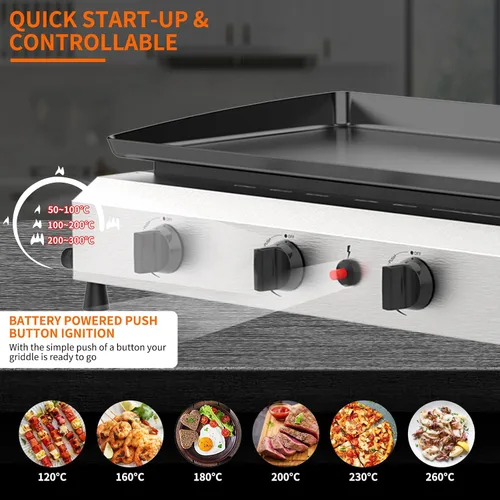 Miniatura 5 de SKOK Plancha de gas plegable de 28 pulgadas para exteriores, parrilla de gas portátil con parte superior plana -30000 BTU a propano, estación