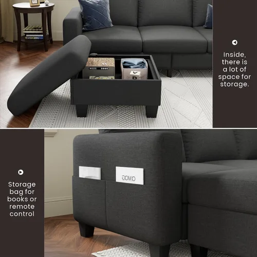 Miniatura 5 de Sofá seccional y sofás para sala de estar, sofá de lino gris oscuro en forma de L de 78 pulgadas, sofás convertibles modulares de 3 plazas aptos
