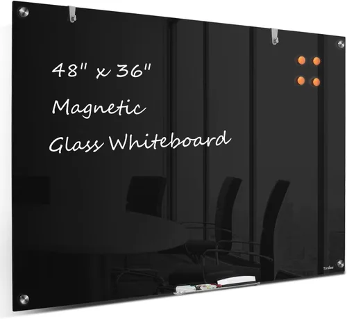 Miniatura 11 de Pizarra blanca de borrado en seco magnética negra de vidrio, TANKEE moderna pizarra blanca de vidrio templado sin marco grande para pared, oficina