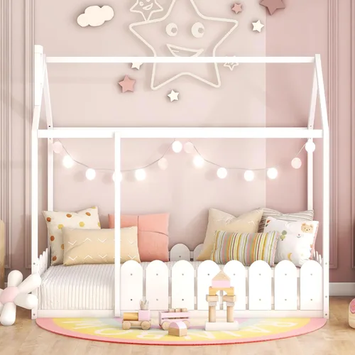 Miniatura 13 de Bellemave Cama de casa Queen con techo de madera, camas Montessori para niños, marco de cama de piso de madera para niñas, niños, adolescentes y Gris
