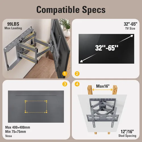 Miniatura 7 de Mounting Dream Soporte de pared para TV para televisores de 32 a 65 pulgadas, Montura con giro y inclinación, soporte de movimiento completo