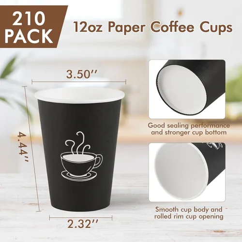 Miniatura 3 de TV TOPVALUE Paquete de 210 tazas de café de papel de 12 onzas, vasos de papel negro desechables para beber caliente, agua, té, utilizado