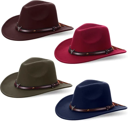 Foaincore 4 sombreros de vaquero occidentales unisex de piel sintética americana, sombreros de fieltro de ala ancha, gorra de viaje de fieltro para