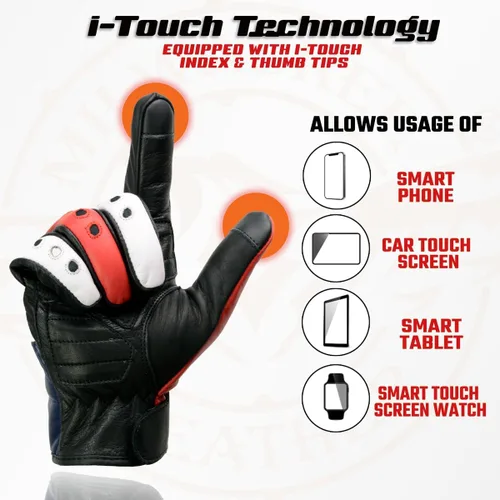 Miniatura 2 de Milwaukee Leather MG7527 - Guantes de mano de motocicleta compatibles con pantalla táctil de cuero negro con estrellas y rayas para hombre