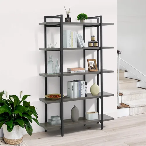 CAPHAUS Estantería de 5 niveles, estantería industrial vintage de 71 pulgadas de alto con estantería abierta, estantería de madera y metal, Gris