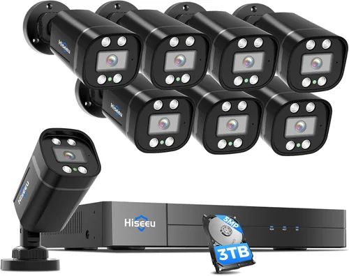 Hiseeu Sistema de cámara de seguridad con cable 3K 8ch con audio, foco de alarma, detección de vehículos AI/humanos, disco duro de 3 TB, sistema