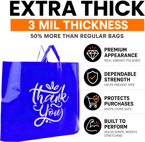Miniatura 2 de Bolsas de compras de plástico grandes de 19 x 15 pulgadas con asas, bolsas de compras extra grandes para boutique de pequeñas empresas, tiendas Azul