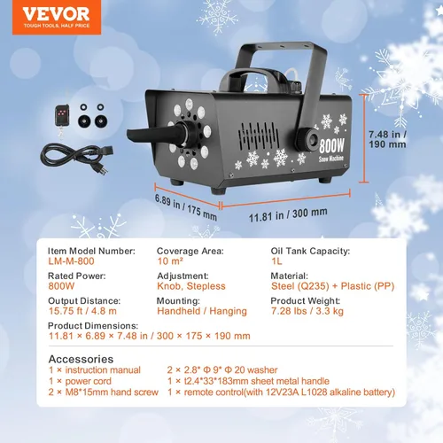 Miniatura 7 de VEVOR Máquina de nieve de 800 W con 9 luces LED RGB y control remoto, efecto de nieve de alto rendimiento para Navidad, Halloween, boda, fiestas